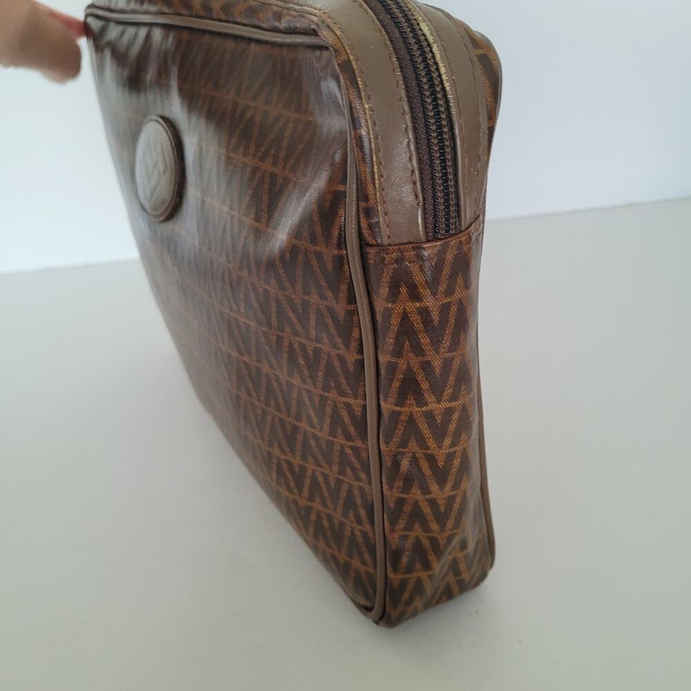 Mario Valentino Bag Clutch Unisex Vintage Pouch Zip Italian Brown Logo Handbag - Picture 7 of 12